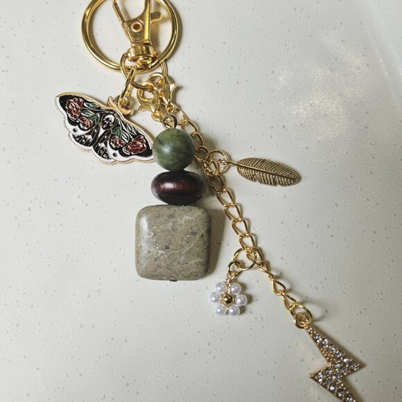 Handmade Earthy Keychain with Natural Stone Beads, Lightning Bolt Charm & Butter - Picture 3 of 7